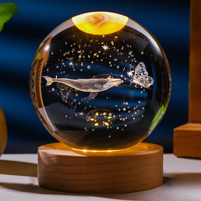 Luminous Crystal Ball Small Night Lamp Usb Interface Solid Wood Base 3d Inner Carving for to Send Boys Creative Small Ornaments