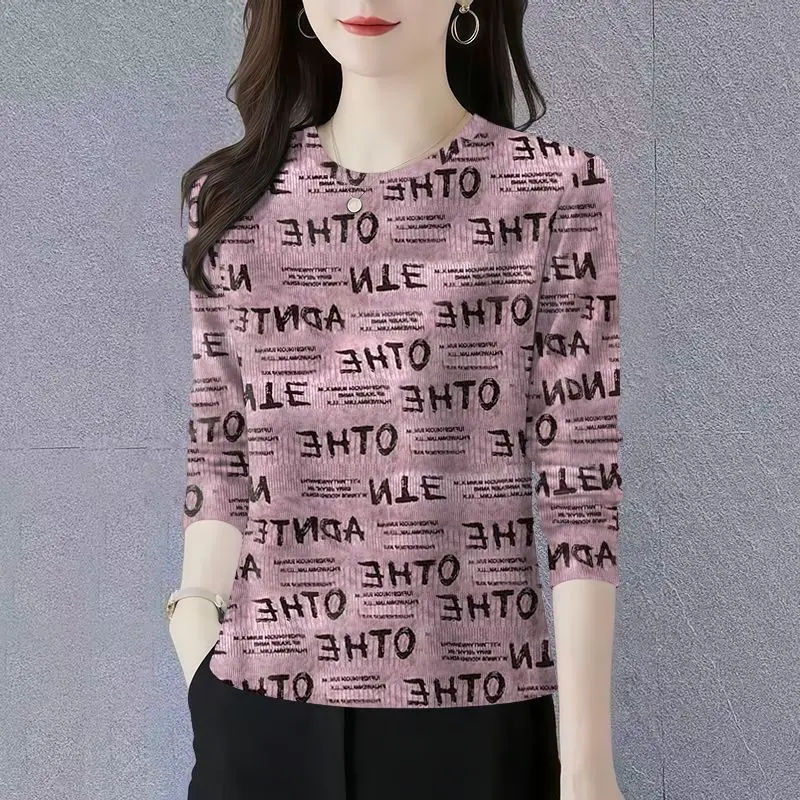 Round Neck T-shirt Ladies 2026 New Spring Autumn Coat Women Fashion Print Jacket Pack Plus Size Covered Belly Western Style Tops