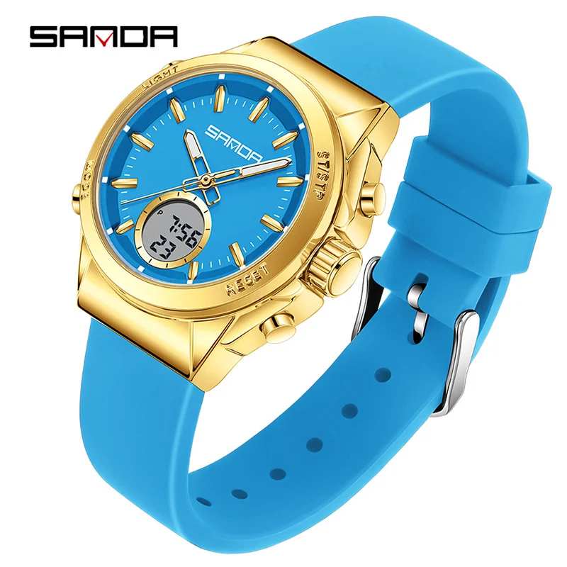 ساعة SANDA الجديدة SD9103 للسيدات مع شاشة مزدوجة رياضية متعددة الوظائف مقاومة للماء وإضاءة ليلية إلكترونية