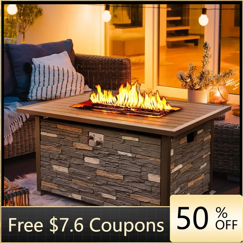 48 INCH Propane Fire Pit Outdoor w/Faux Ledgestone Base, 50,000 BTU Gas Fire Pit Table w/Aluminum Table Top, for Patio