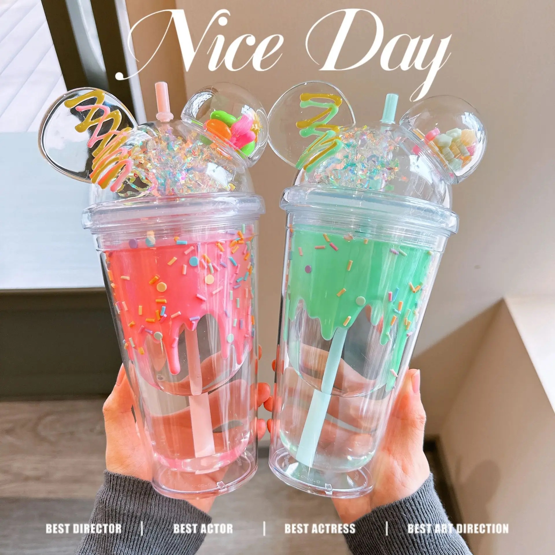 Cute Drinking Cup Creative Straw Interesting Children and Girls Summer Ice Cream Transparent Double Layer Plastic Gift Bottle