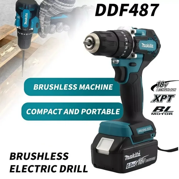Makita DDF487 10mm para batería de 18V taladro de impacto eléctrico recargable de litio sin escobillas destornillador de torsión grande