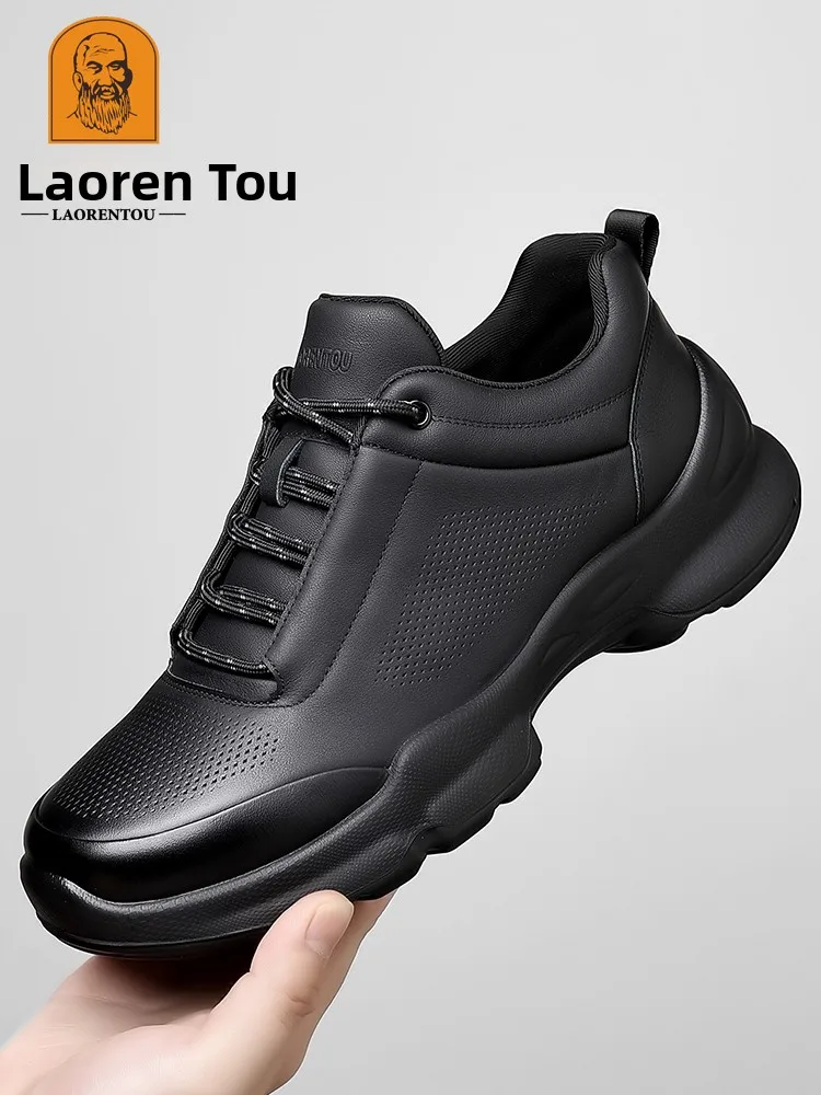 

Мужские кожаные повседневные спортивные туфли с дышащей подкладкой, на среднем каблуке, для бизнеса и отдыха, осенняя новинка