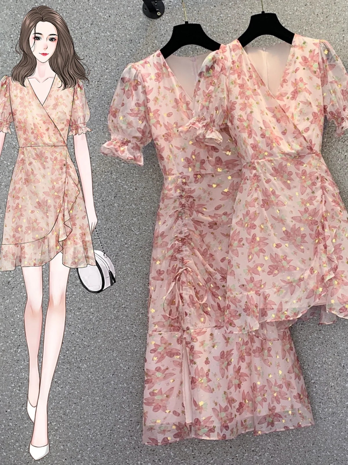 

plus Size Summer New Style Women's Dress V-Neck Chiffon Floral Print Slimming Fish Tail Hemline Korean Style Loose Fit High W...