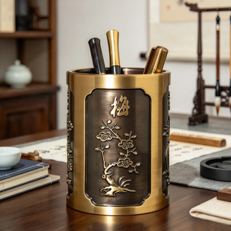 Brass Pen Holder Plum Orchid Bamboo Chrysanthemum Decorative Desk Organizer for Office Study Teacher Business Gift 황동 펜꽂이