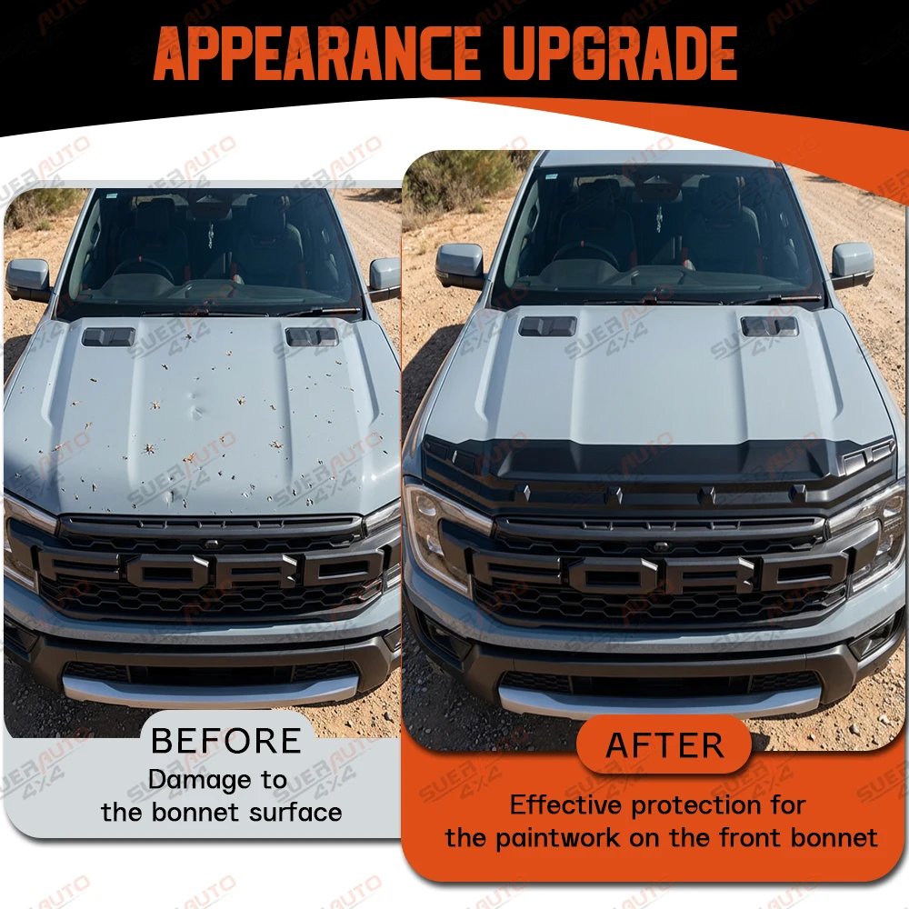 Bonnet Guard For Ford Ranger Next Gen T9 2023 2024 2025 2026 Front Stone Deflector Hood Pickup ABS Matte Black Body Kits