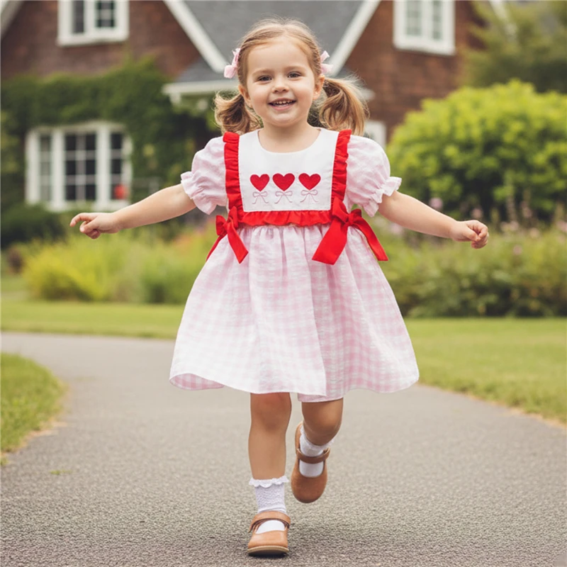 Kids Girl Valentines Dress Plaid Heart Bow Embroidered Short Sleeve A-line Princess Dress Cute Spring Clothes