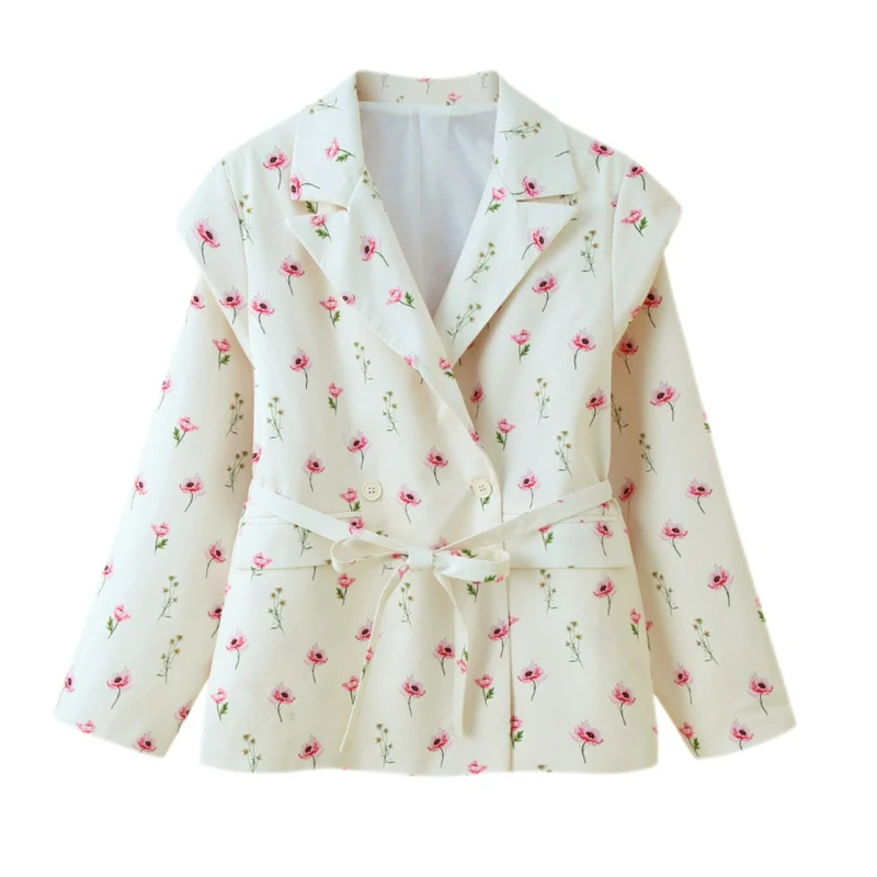 New Style Fashionable Korean Version 2026 Spring and Autumn Sweet Floral Floral Suit Collar Tie Long-sleeved Suit Coat for Women