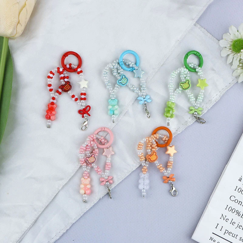 Sweet Cute Little Bear Beaded Mobile Phone Chains For Women Girls Sweet Versatile Keychain Backpack Decoration Accessories Gifts