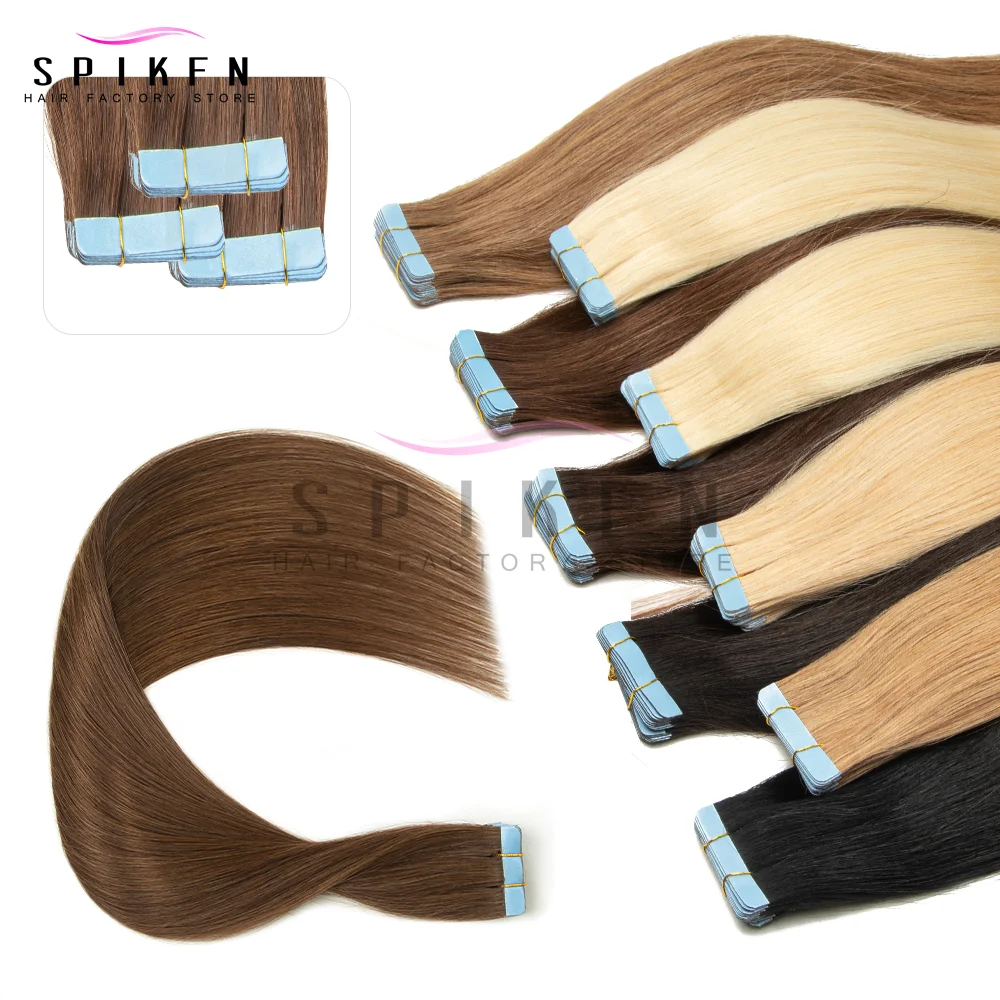 Spikfn fita de 12-24 polegadas em extensões de cabelo humano natural em linha reta 20 unidades/pacote 30g fita fácil de usar em casa preto marrom loiro