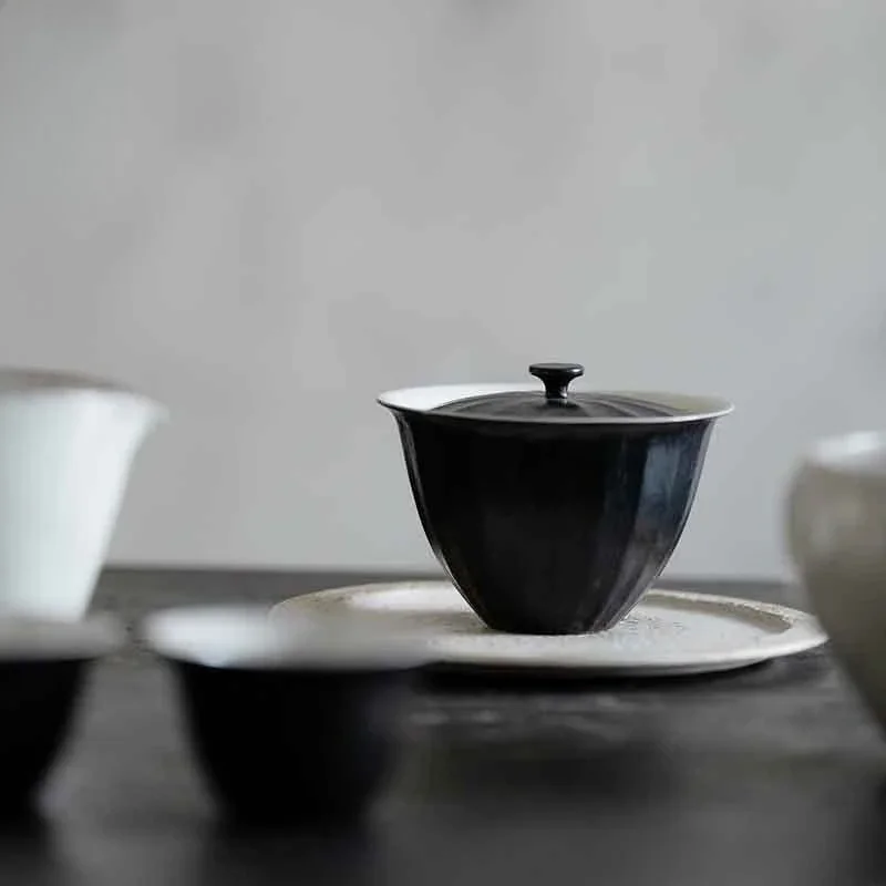 1PC Quaint Langhong Handmade Coarse Pottery Covered Bowl Kung Fu TeaSet Chu Jin Thin Tire Anti-scalding Tea Bowl Literati TeaSet 2