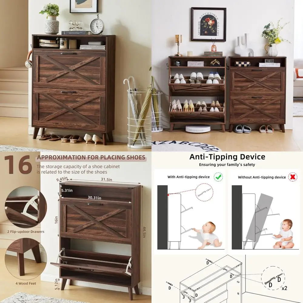 Farmhouse Style Shoe Storage Cabinet with 2 Drawers, Entryway Shoe Organizer, Narrow Shoe Rack with Legs and Open Storage Soluti