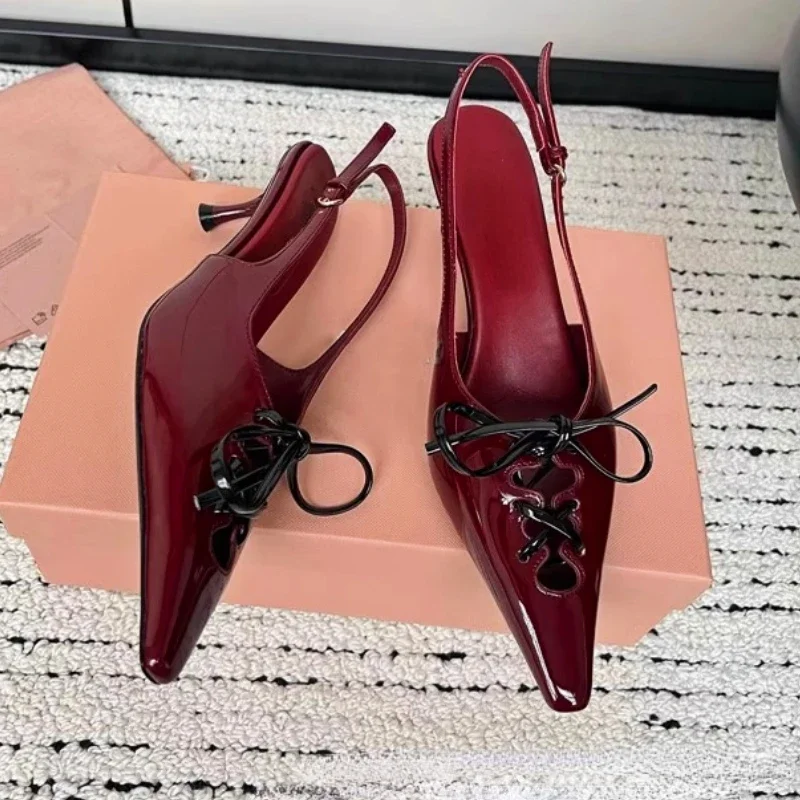 

Elegant Slingback Lace-up Bow Sandals Muller Pumps for Women 2024 Trend Patent Leather Pointed Toe High-heeled Shoes Party Dress
