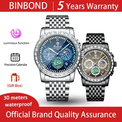 BINBOND  Sports Watches Men Waterproof Luminous Week Calendar Watch Man Quartz Movement Stainless Steel  Fashion Men Watch