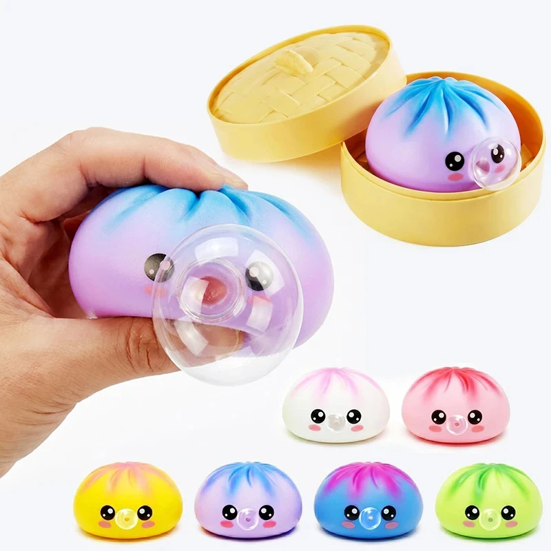 1PC Dumpling Squeeze Blow Bubbles Toy Dumpling Squishies Set with Steamer Bubble-Blowing Squishies Stretchy Fidget Sensory