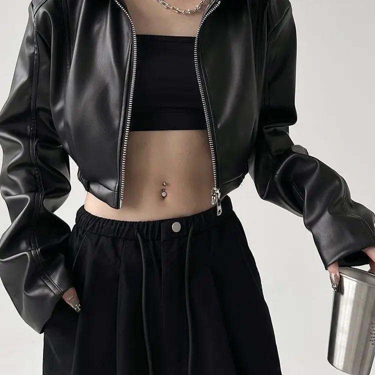 Y2k Black New PU Leather Jacket Cropped Jacket Long-sleeved Top Motorcycle Jackets Design Loose Streetwear Coat Trendy Vintage