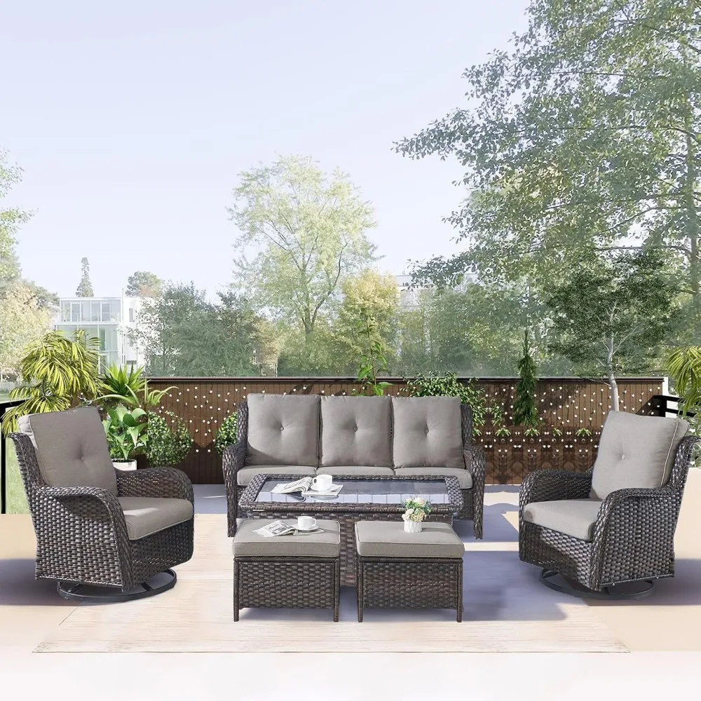 

6 Piece Outdoor Patio Furniture Set - Rattan Wicker Patio Sets with 2 Swivel Rocker ,Table Backyard, Garden Furniture Sets