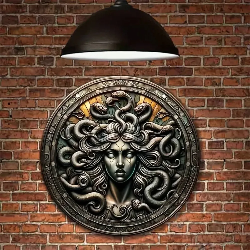 Vintage Medusa Gorgon Round Tin Sign, Retro Greek Mythology Serpent Head Themed Metal Wall Art Plaque, Waterproof Rustic Iron Pa