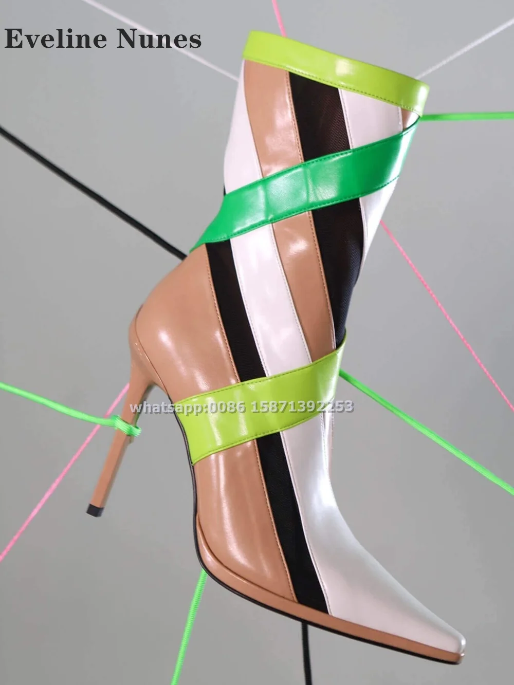 

Mesh Inlay Mid-Calf Stiletto Heeled Booty Pointed Toe Mixed Colors Hollow Out Women Ankle Boots Crafted In Sleek Concise Shoes