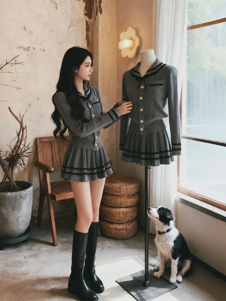 

Winter Faion plus Size Korean Sle College Wind Knitted Top And Pleated Skirt Set High Waist Warm Polyester Blend