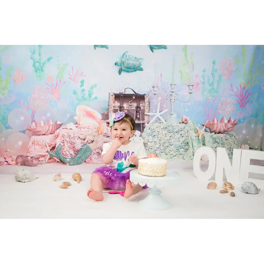 كعكة سحق الاطفال حورية البحر خلفيات للتصوير الفوتوغرافي 1st حفلة عيد ميلاد خلفية تحت سطح البحر موضوع طفلة الطفل صور استوديو الصور