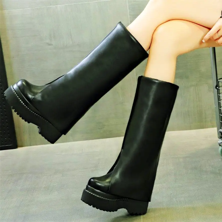 Winter Warm Knee High Boots Women's Bright Cow Leather Round Toe Knee High Boots Pull On Party Pumps Height Increasing Creeper