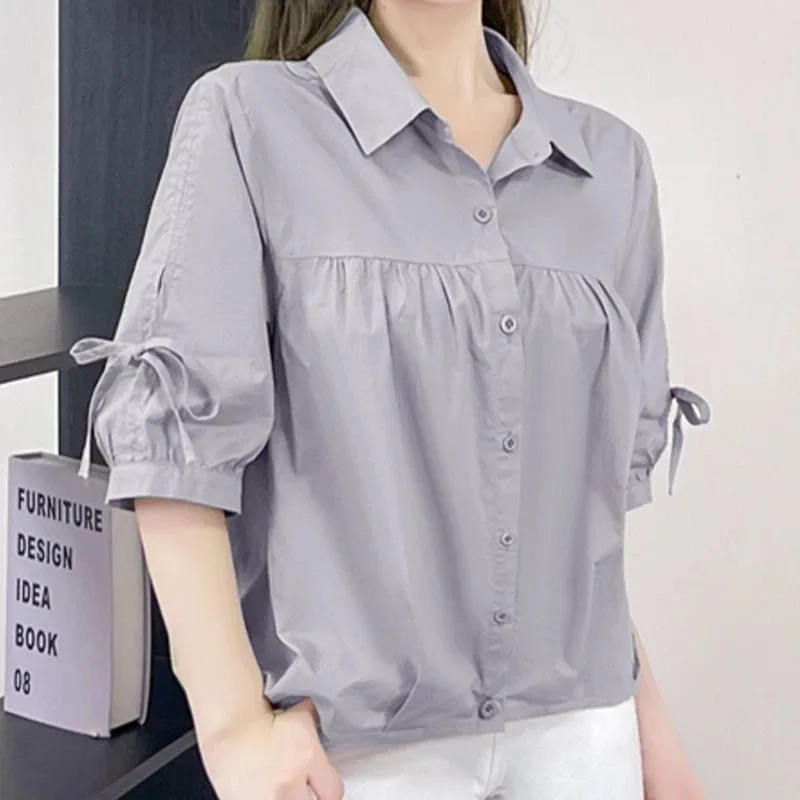

Women's Gray Cotton Bow Tie Short Sleeve Shirt Casual Loose Summer Blouse