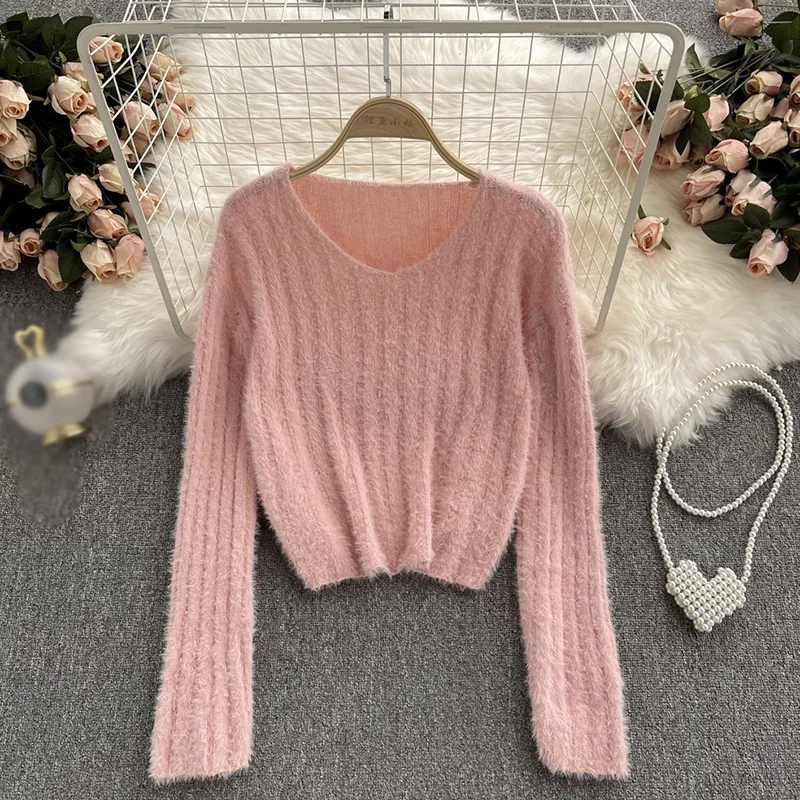 Autumn Winter Women\'s V-neck Knit Sweater Loose Short Section Pullover Long Sleeve Tops Solid Jersey Tops Fashion Clothes