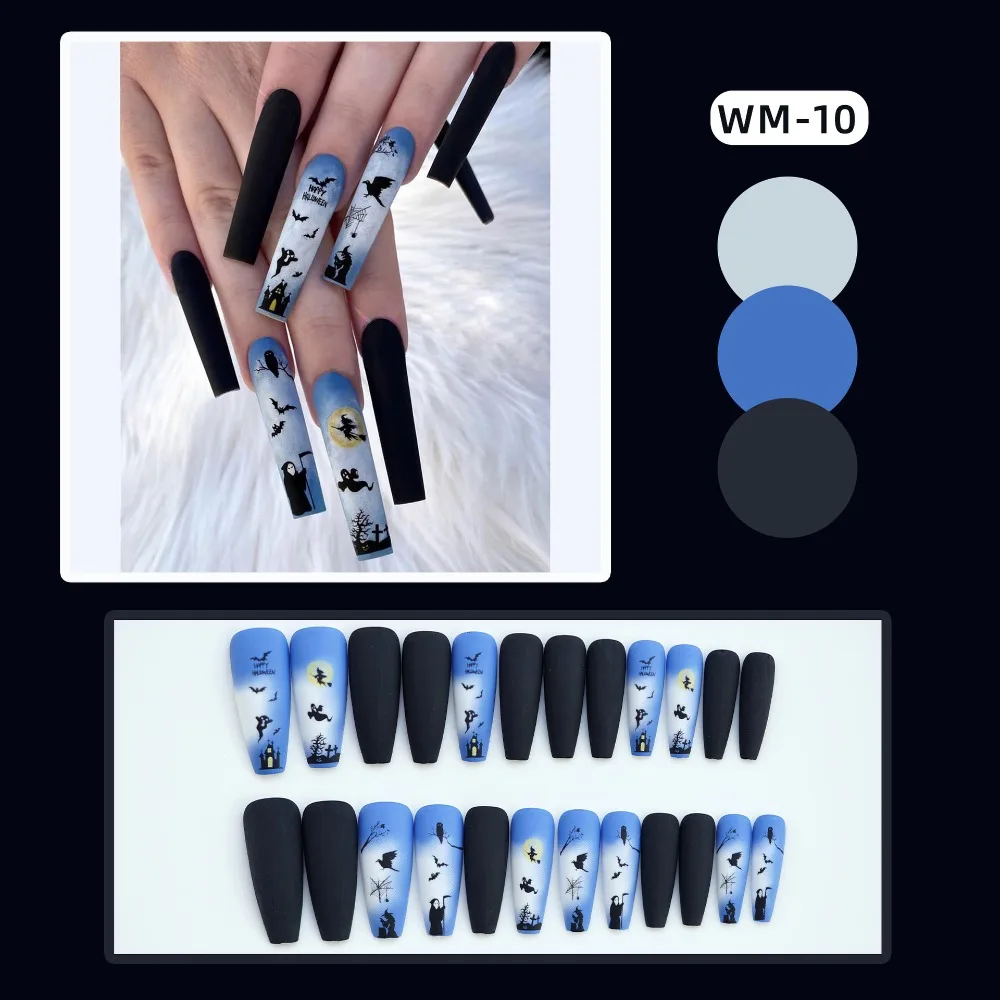 Reusable Full Cover Halloween Fake Nails Detachable Wearable Pumpkin Nails Long Length Ballet Artifical False Nail Girl