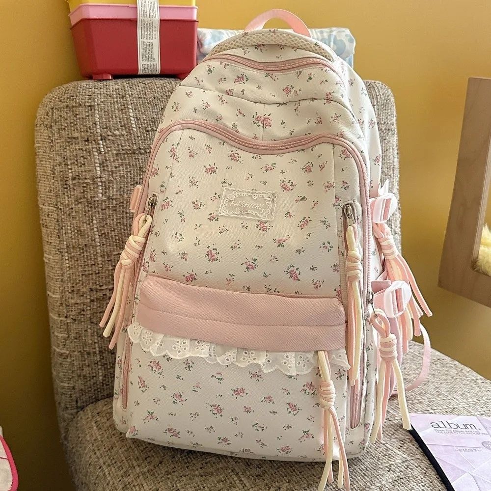 Cute Lace Decor Floral Print Backpack Large Capacity Star Pendant Bookbag Fresh Aesthetic Ultra Lightweight School Bag Shopping
