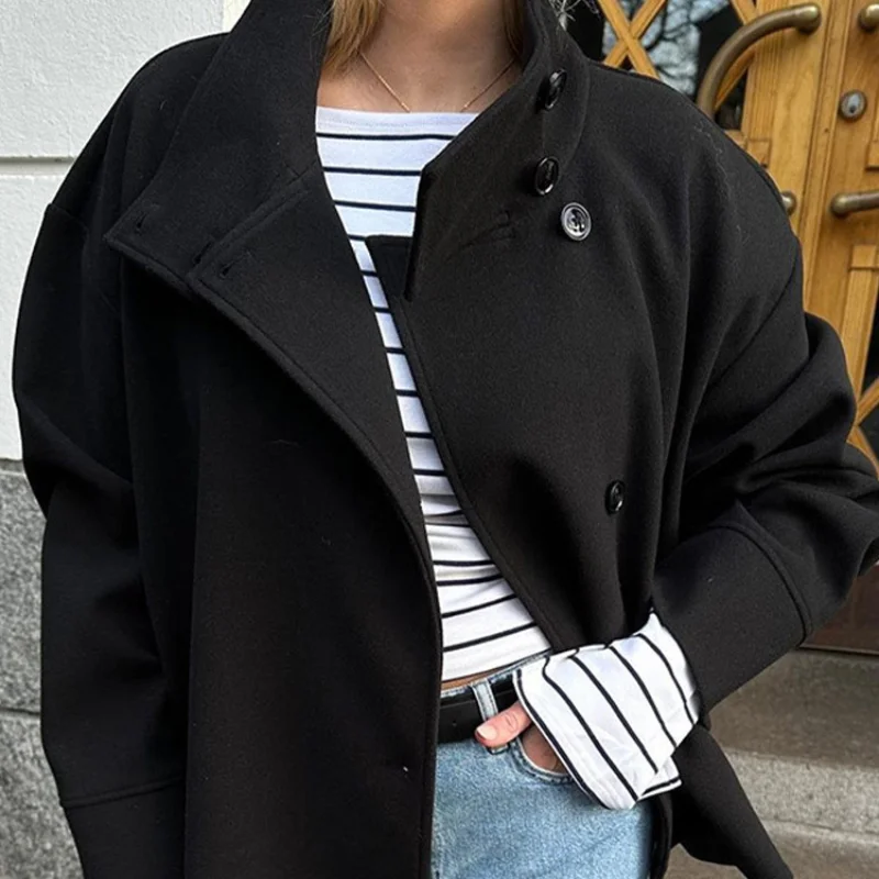 Dunkelblaue Wolljacke für Damen, 2025, Frühling, einreihig, Stehkragen, lockerer weiblicher Mantel, Bürodame, Straße, kurze Oberbekleidung, Tops – Detail 20