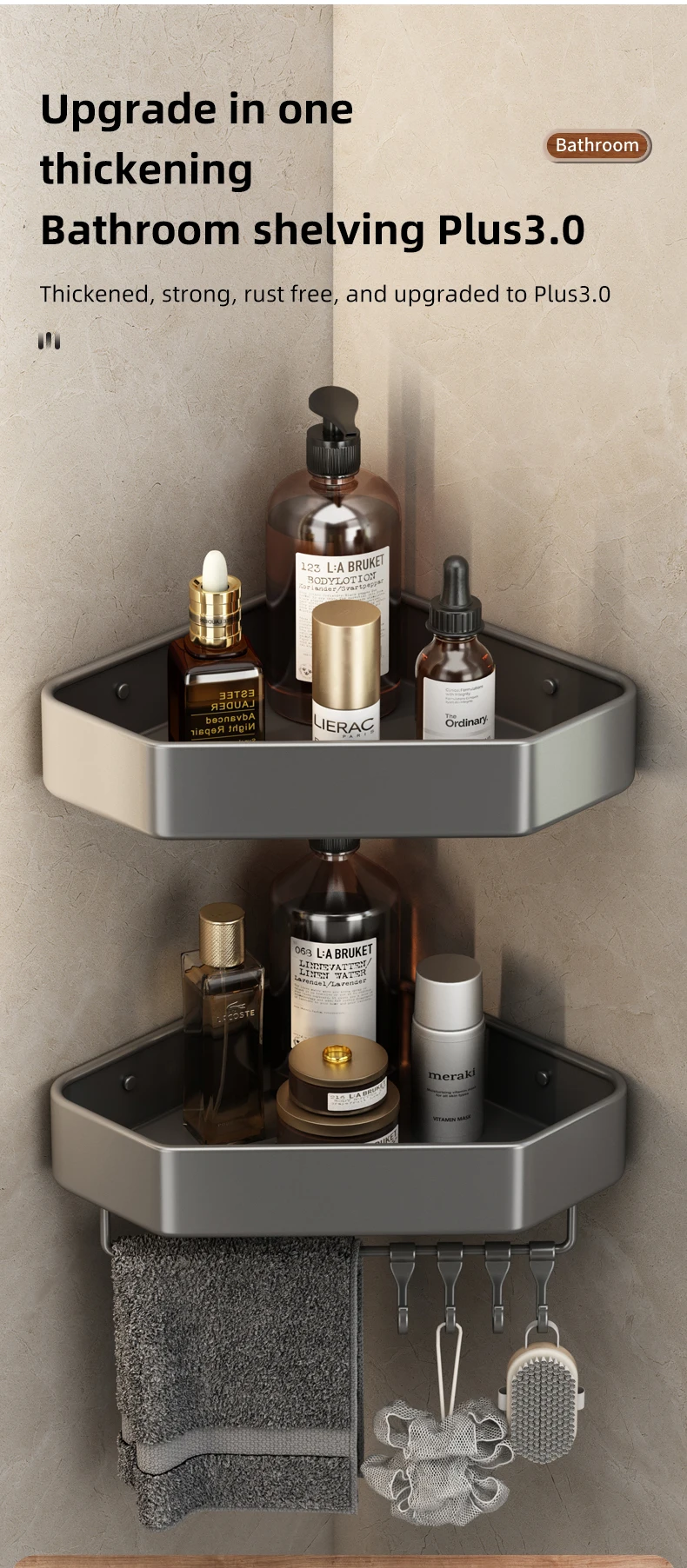 Badezimmerregal ohne Bohren, Eckraum, Aluminium-Lagerregal, Wandmontage, dreieckiger Korb, Duschraum, Aufbewahrungsorganisator FR2006 – Detail 1
