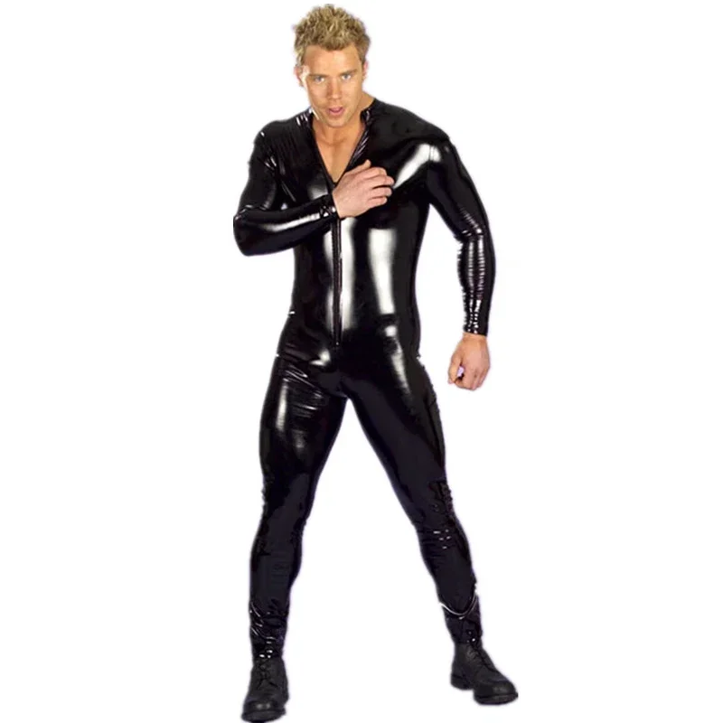 

Sexy Lingerie Men Catsuit Faux Leather Front Zipper Crotch Bodysuit Gay Fetish Costumes Erotic Lingerie Jumpsuit