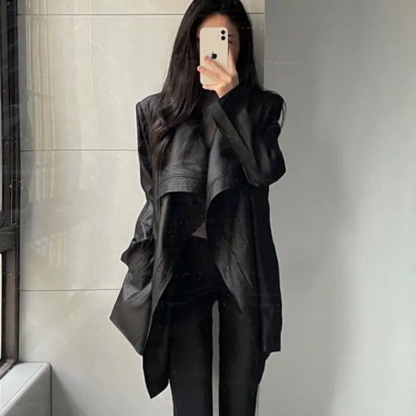 Fashionable Temperament Lapel 2025 Trench Coat Solid Color Medium Long Waist Jacket Autumn New Item Slimming Top