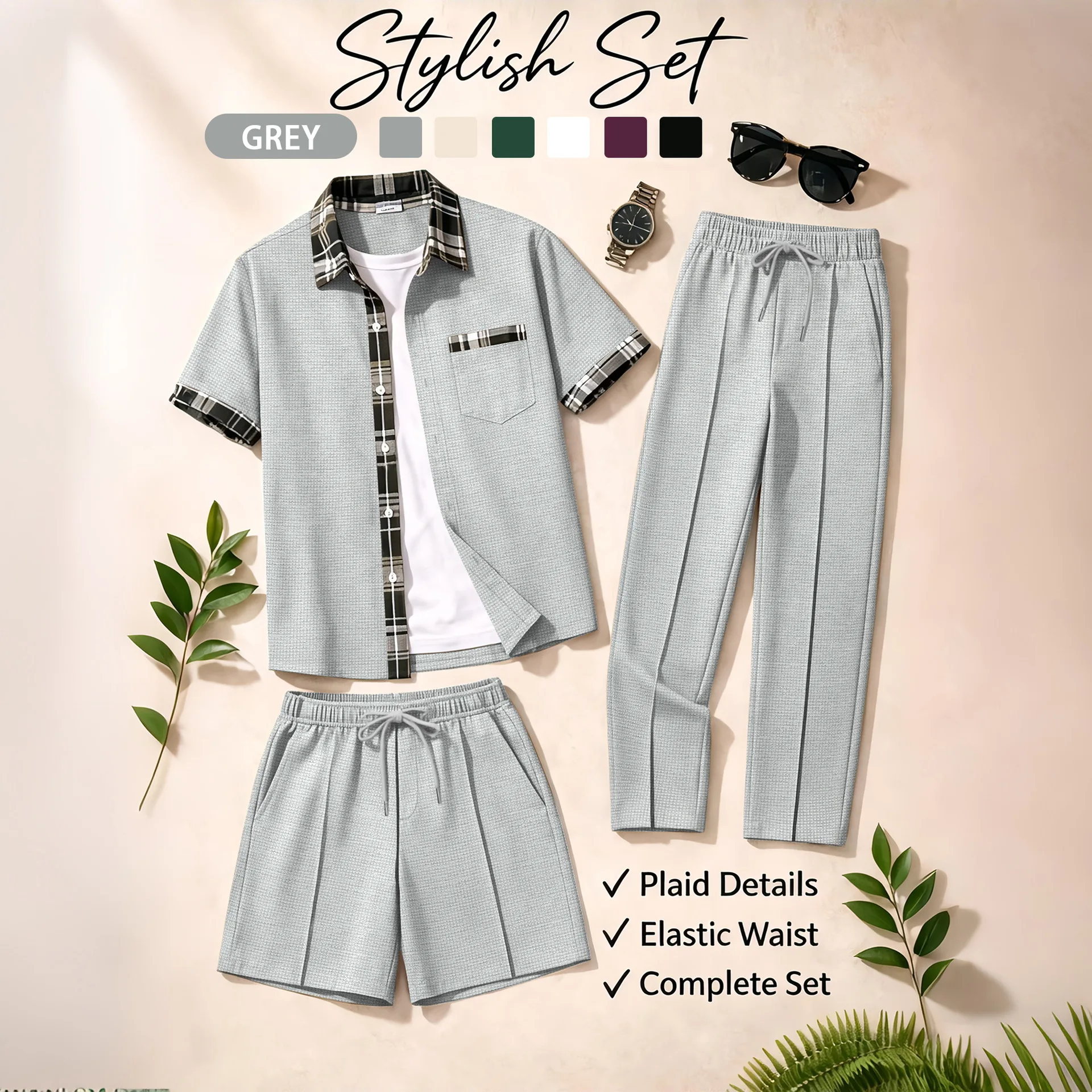 Men's 3 Piece Waffle Knit Tracksuit | Plaid Trim Button Up Shirt & Elastic Waist Shorts & Pants Set | Casual Stylish Outfit for