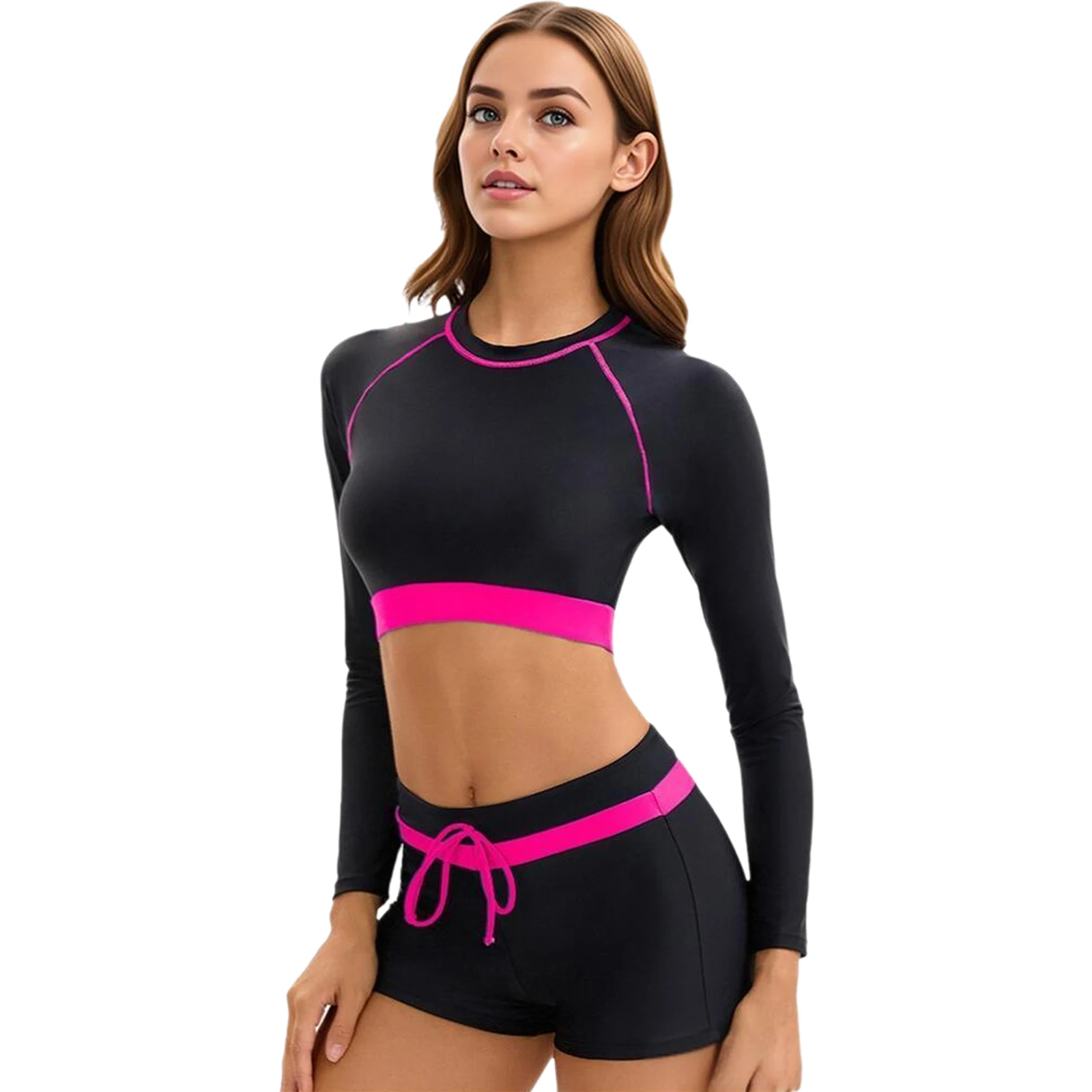 Womens 2 Pieces Conservative Sun-protection Sporty Swimwear Long Sleeve Cheat Pads Short Top with Shorts Swimsuit for Swimming