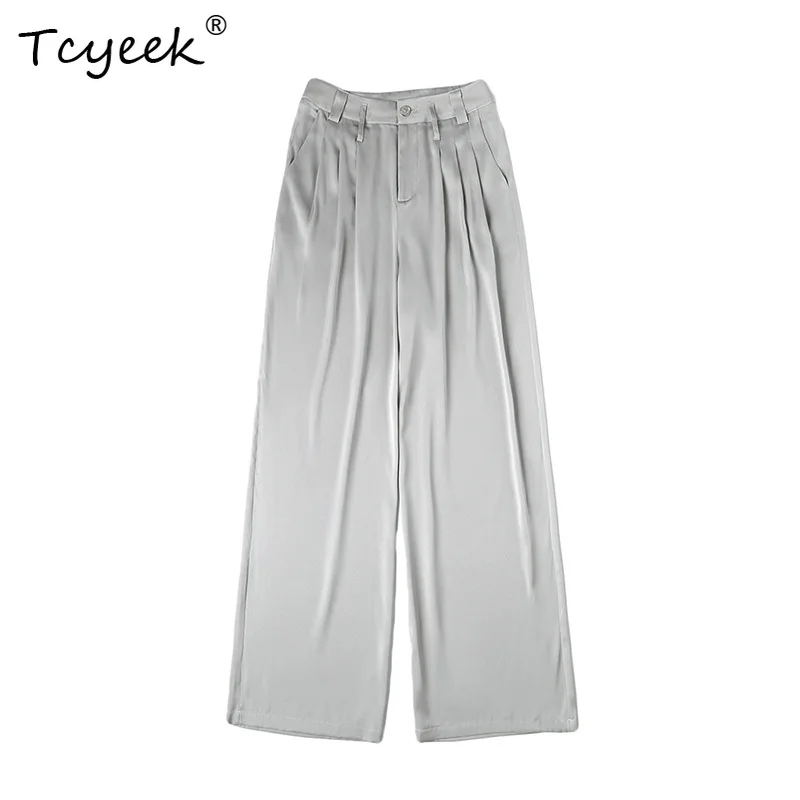 Tcyeek 95% Seda Mulberry 5% LICRA Pantalones anchos Mujer Cintura alta Adelgazante Pierna recta Gris Negro Pantalones largos de mujer Commer