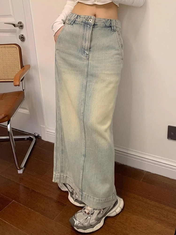 

DEEPTOWN Old Washing Long Denim Skirt Women Vintage Streetwear High Waist Split Korean Fashion Maxi Jean Skirt Spring Casual