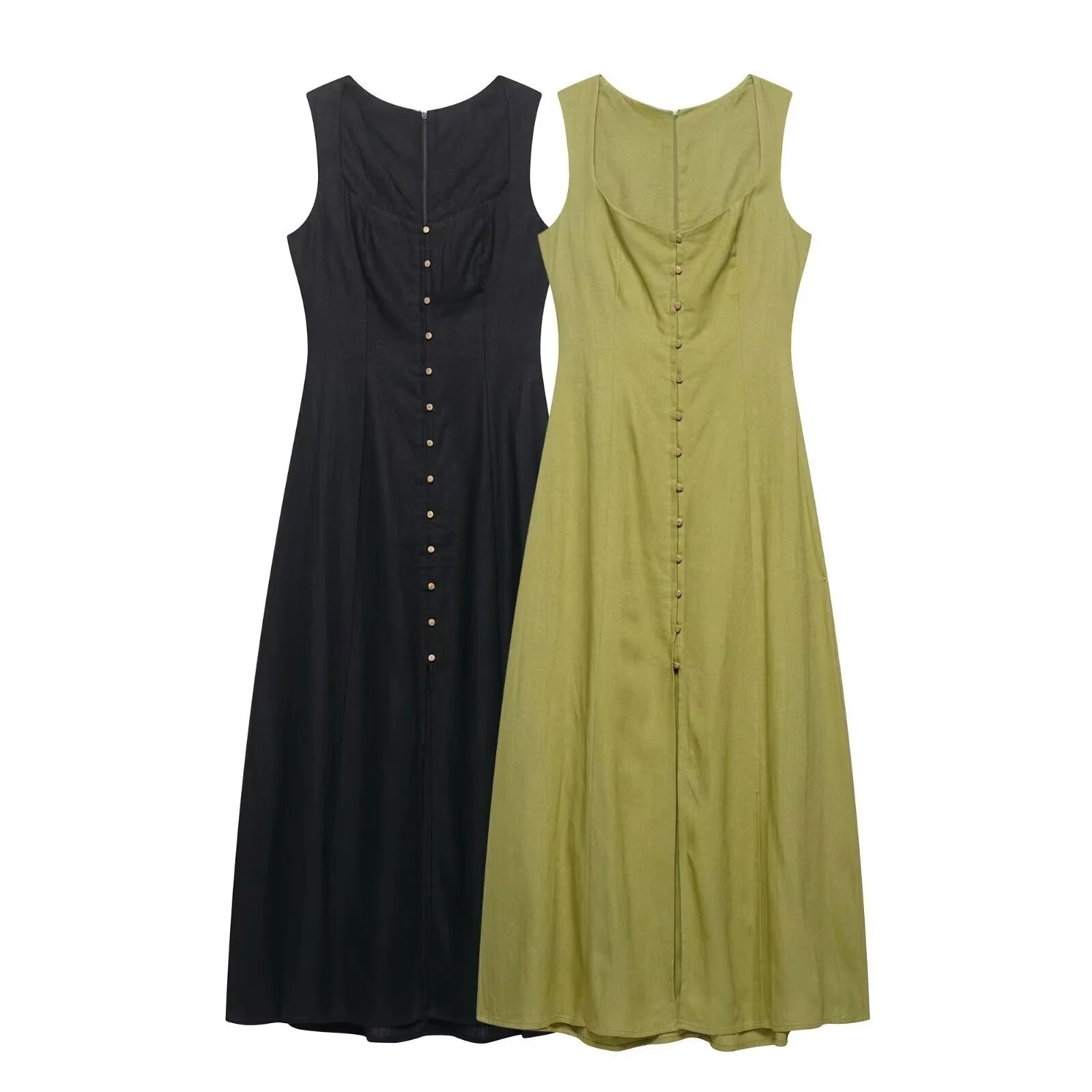 

BM&MD&ZA Womens Casual Elegant Heart - Shaped Neck Sleeveless Wide - Strap Midi Linen Dress with Single - Row Button Decoration