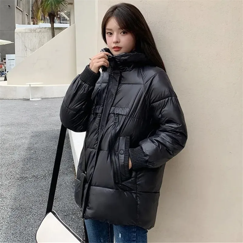 

Winter Parker Cotton Coat Women Thick Hooded Solid Color Shiny Zipper Overcoat Loose Warm All-match Simple Commuter Jacket ZM302