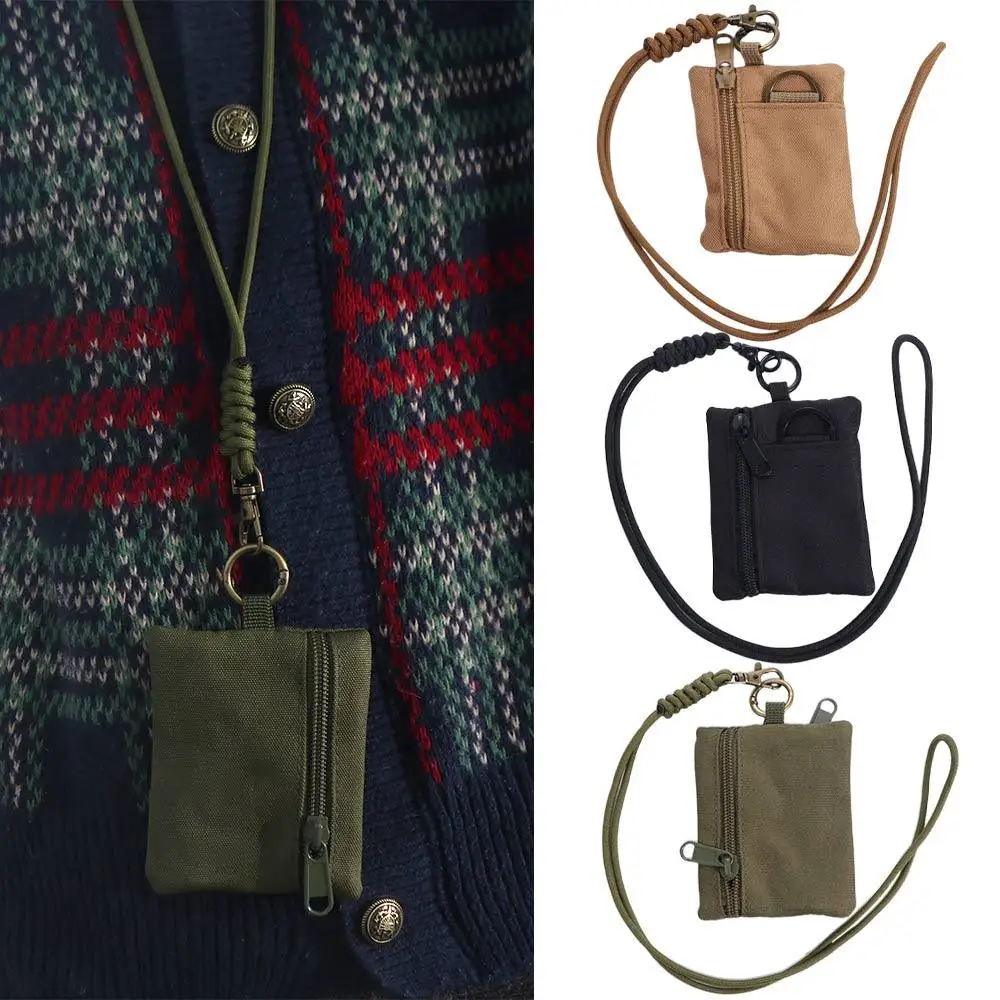 

Convenient Square Hanging Neck Coin Purse Casual Nylon Oxford Cloth Mini Wallet Zipper with Lanyard Small Card Holder Sports