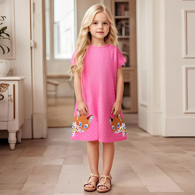

Jumping Meters 2-7 Years Summer Princess Baby Girls Dresses Cats Animals Applique Party Birthday Kids Short Sleeve Frocks