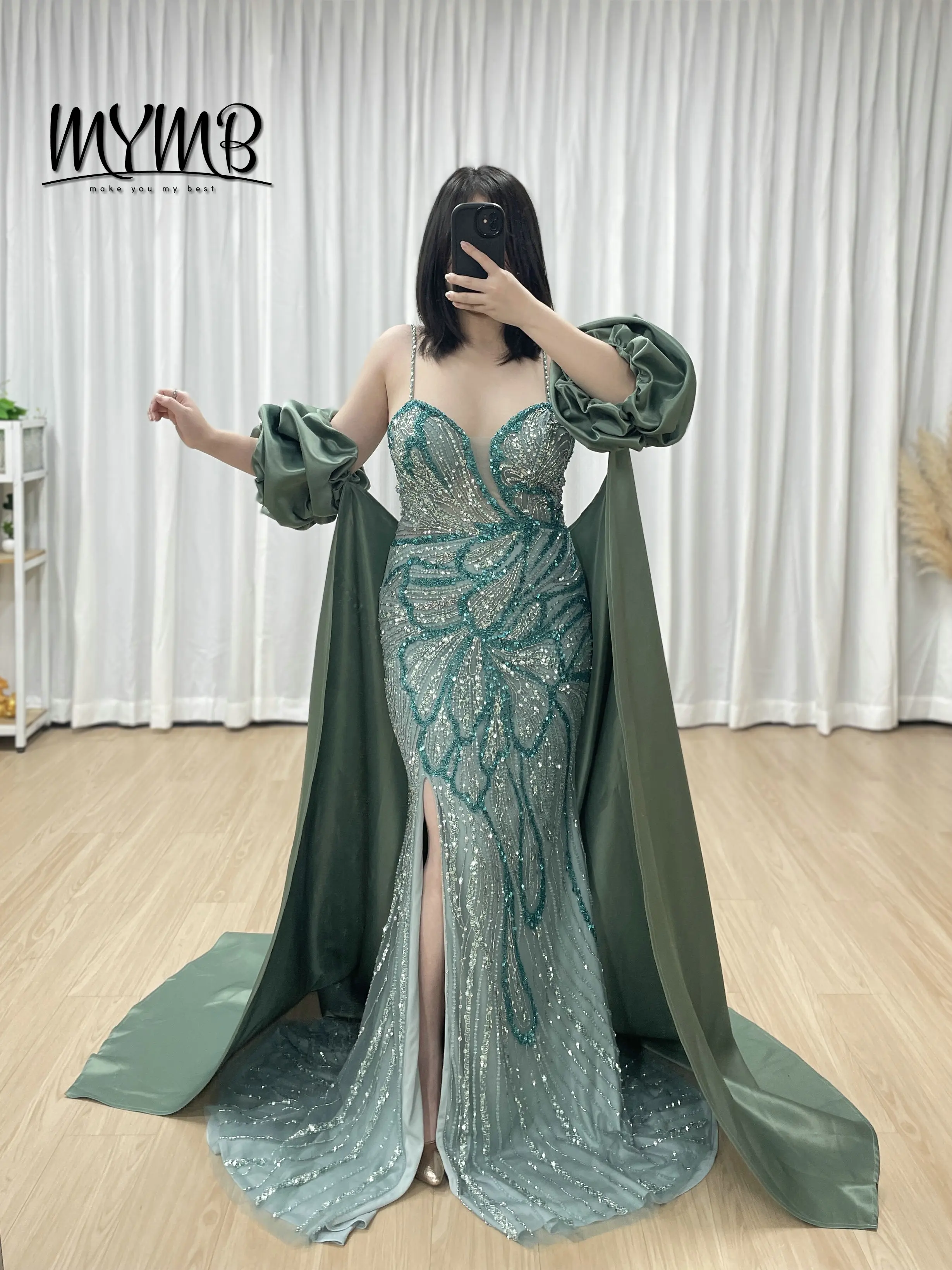 

MYMB Green Spaghetti Strap Mermaid Evening Dress with High Slit for Formal Occasion Crystal Beading Birthday Party Dress MC20117