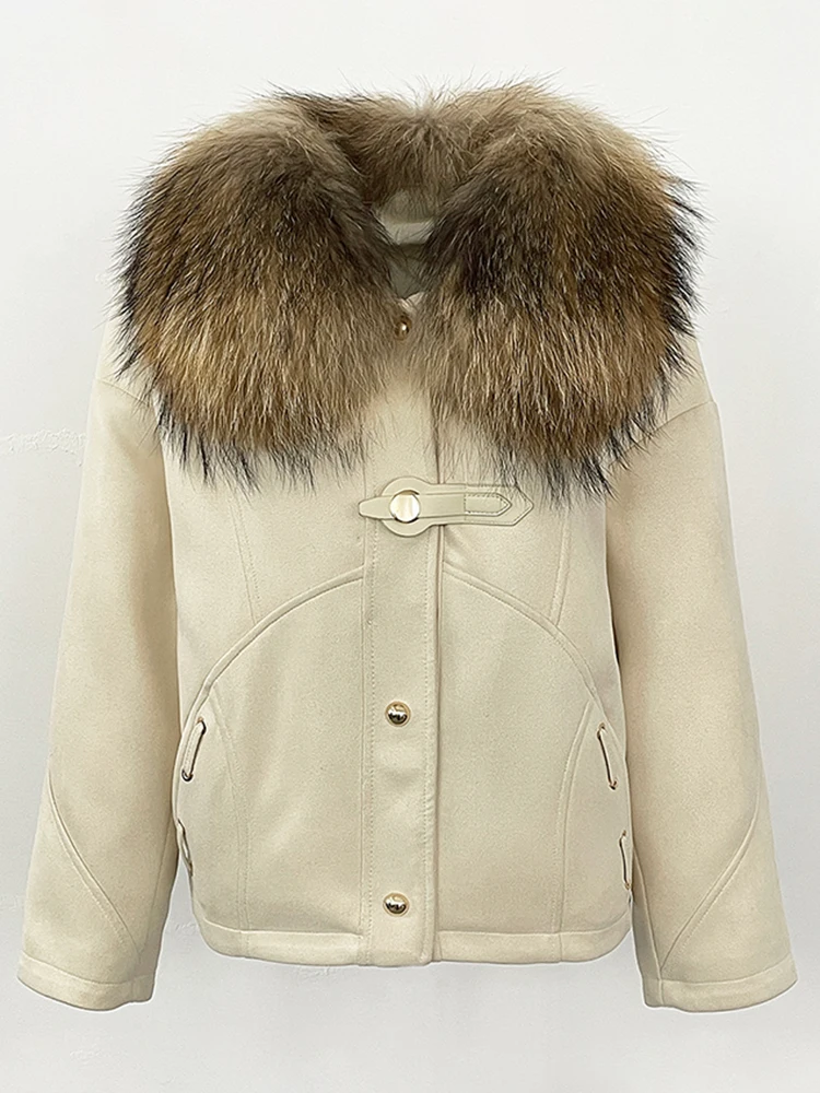 เสื้อแจ็คเก็ตผู้หญิงบุขนห่าน แต่งปกขนสุนัขจิ้งจอกแท้ ผ้าหนังกลับ รุ่นใหม่ประจำปี 2025 เสื้อผ้าฤดูใบไม้ร่วงและฤดูหนาว เสื้อแจ็คเก็ตพัฟเฟอร์ขนสัตว์สำหรับผู้หญิง