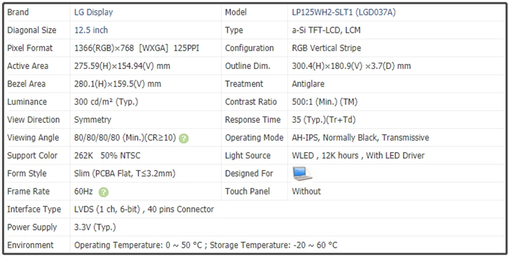 LP125WH2-SLT1 12.5 inch Laptop Panel Replacement WXGA HD LED LCD Screen 1366x768 40Pins 262K 50% NTSC 60Hz