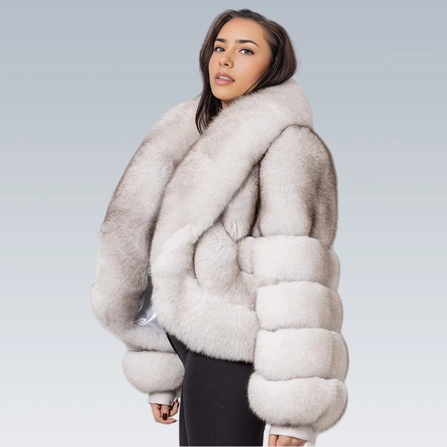 سترة من فراء الثعلب الطبيعي مع ياقة كبيرة معطف فرو الثعلب الأبيض المقصوص سترة منفوخة سترة جلدية نسائية فاخرة