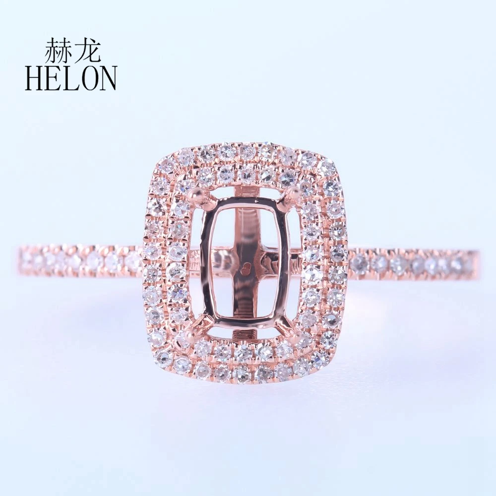 HELON Cushion Cut 6X4mm Solid 14K Rose Gold Natural Diamond Semi Mount Engagement Wedding Ring For Women Birthday Best Gift