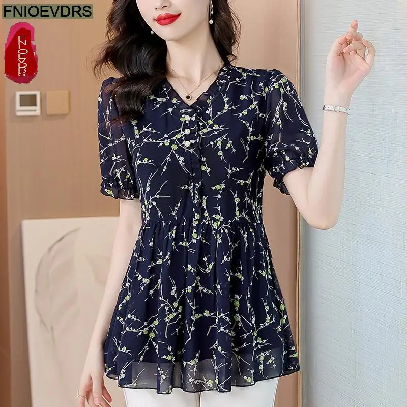 M-4XL Loose Clothes 2024 Summer Ruffles Tops Short Sleeve Women Basic Wear Office Lady Flower Floral Print Peplum Shirts Blouses