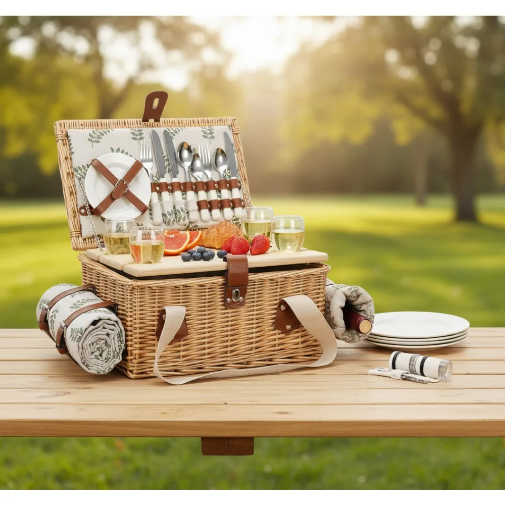 

4-Person Handmade Wicker Picnic Set with Folding Table, Waterproof Blanket & Wine Bag for Outdoor Camping Holidays