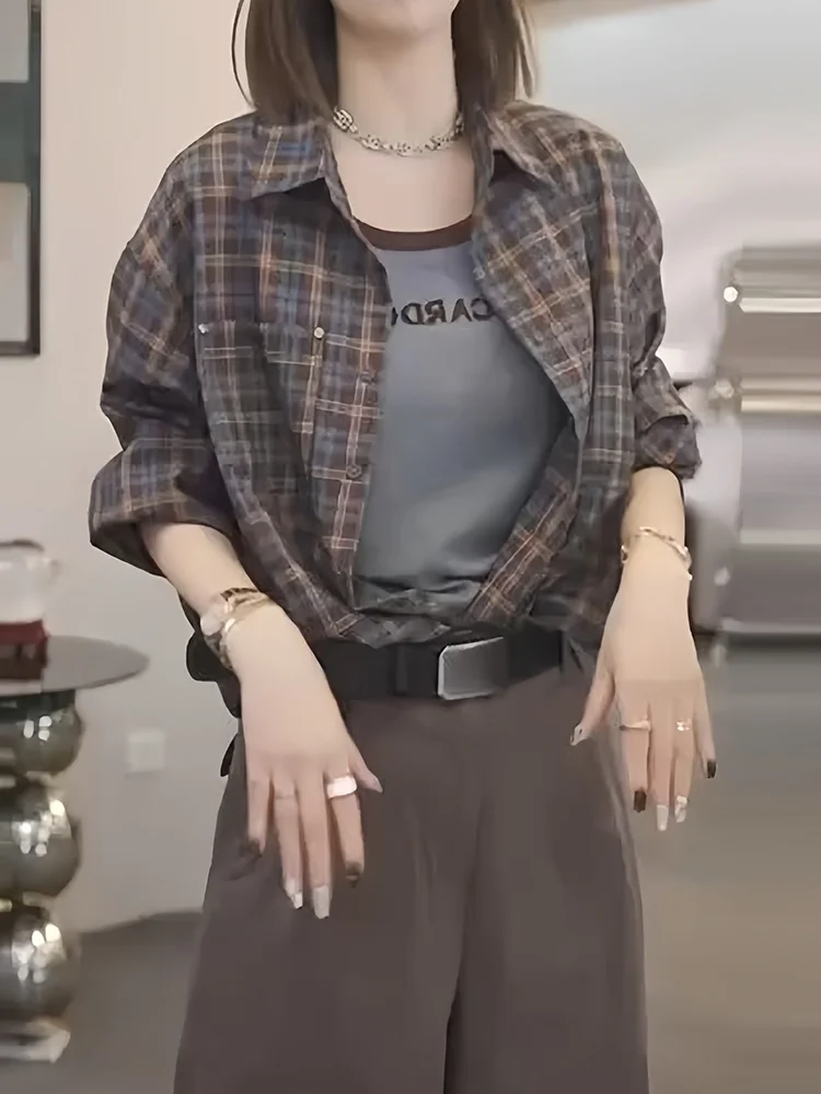 

Faionable Retro Plaid irt Women's Early Autumn 2025 New Ele Versatile Collar Long Sve Blouse Skin-friendly Br...